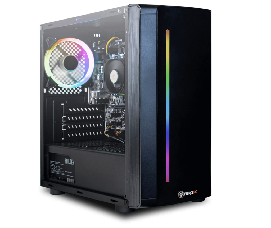 Fierce RGB AMD Gaming PC product image of a black PC with a clear side and RGB lighing.