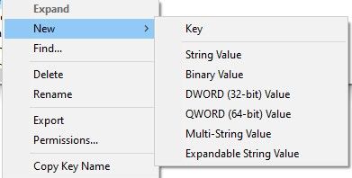 A screenshot of the New String option in the Registry Editor. 