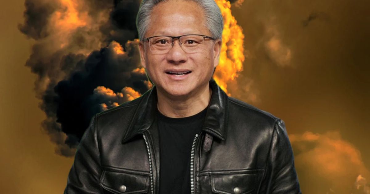 Nvidia CEO Jensen Huang on top of a smoggy city
