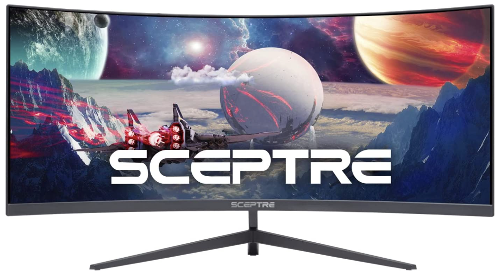 Sceptre C305B-200UN1 product image of a dark grey monitor with multiple planets in different colours on the display.