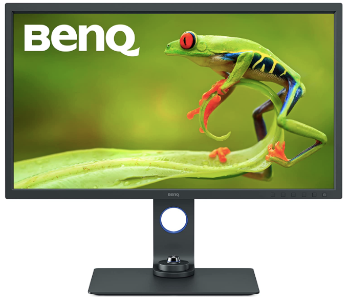 BenQ SW321C product image of a black monitor with a picture of a green frog with red eyes sat on a leaf on the display.
