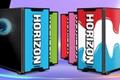 A collection of multicoloured gaming PCs in Prime colours featuring Horizon branding in white on the front.