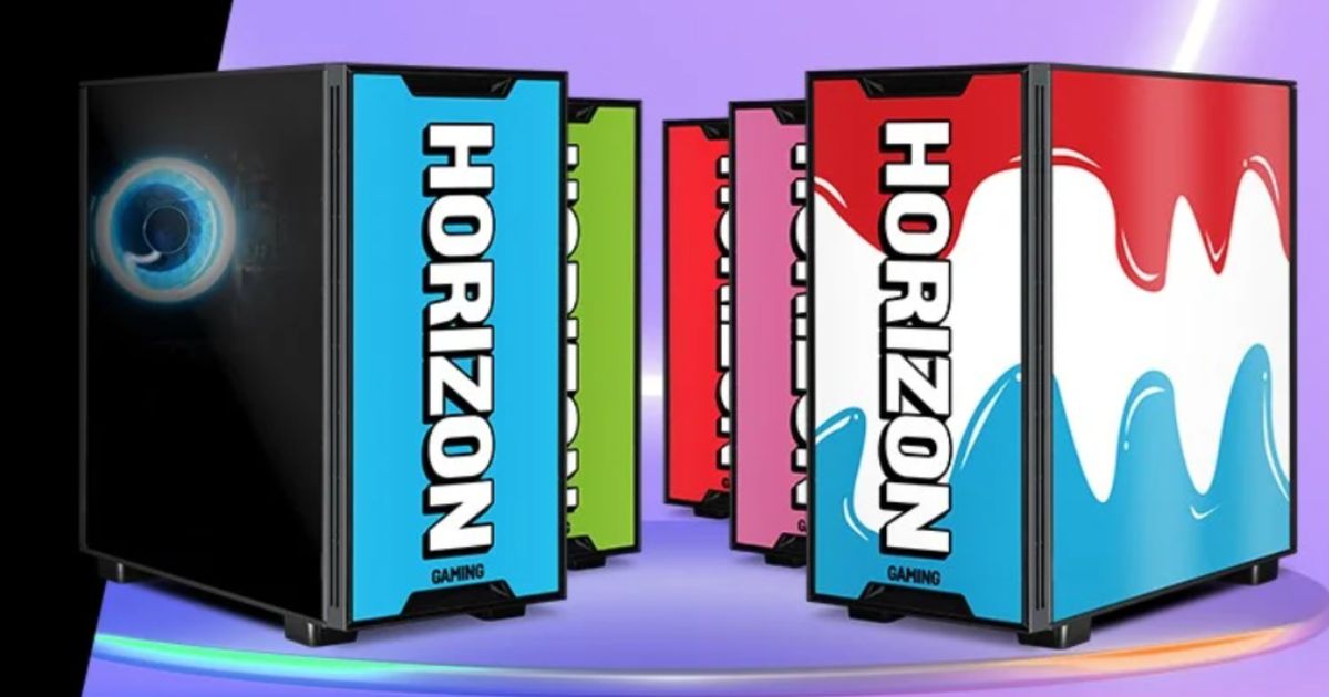 A collection of multicoloured gaming PCs in Prime colours featuring Horizon branding in white on the front.