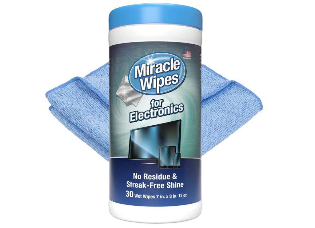 MiracleWipes product image of a white container featuring a blue lid in front of blue wipes.