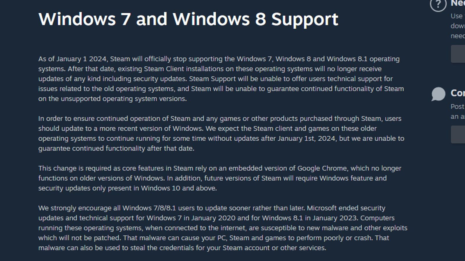 Screenshot of a Steam blog post confirming the end of support for Windows 7 and 8