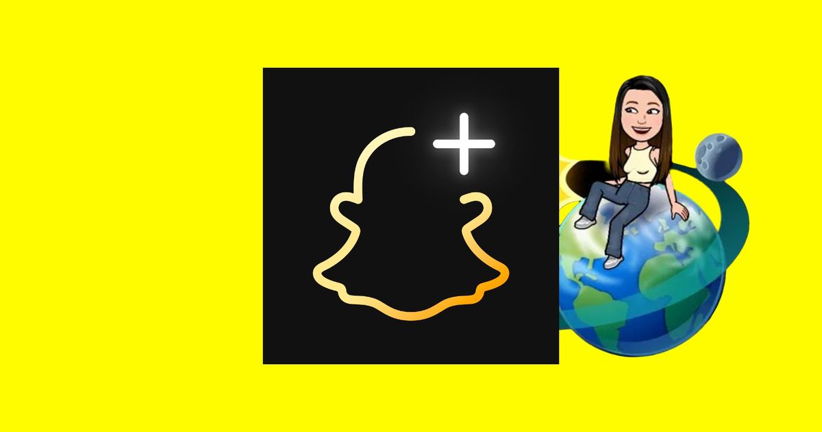Snapchat Plus Planets with someone sitting on a planet behind Snapchat Plus logo