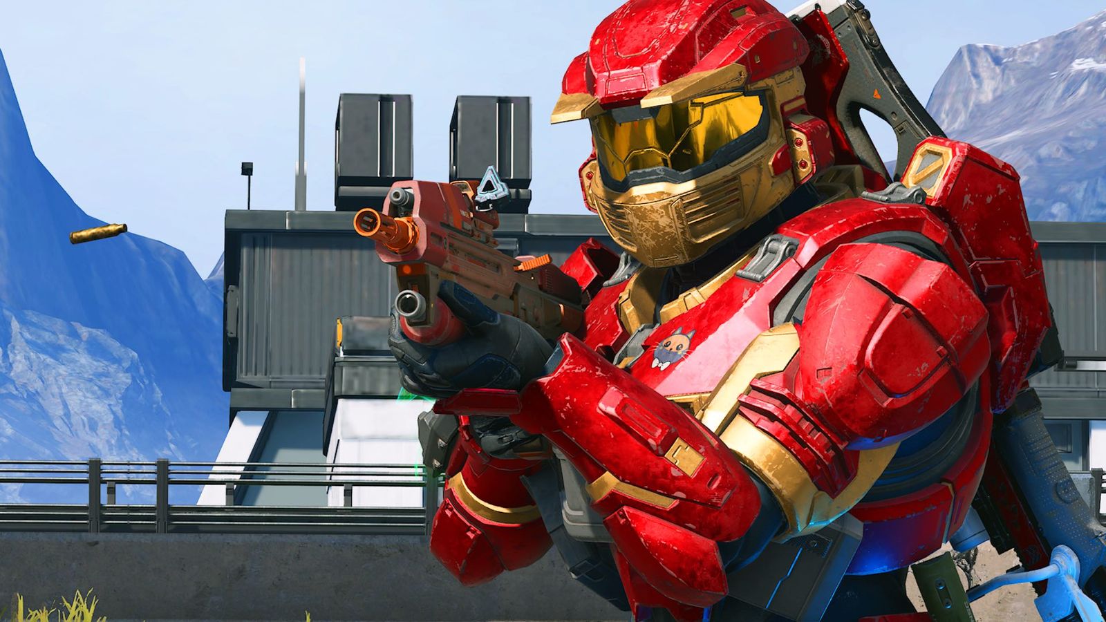 An image of a red and gold mark v Spartan firing an assault rifle in Halo Infinite with raytraced sun shadows enabled 