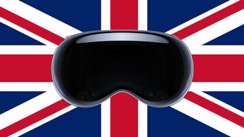 Apple Vision Pro headset in front of the UK flag
