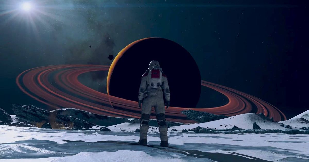 Starfield release time - An image of an astronaut standing infront of a planet with rings