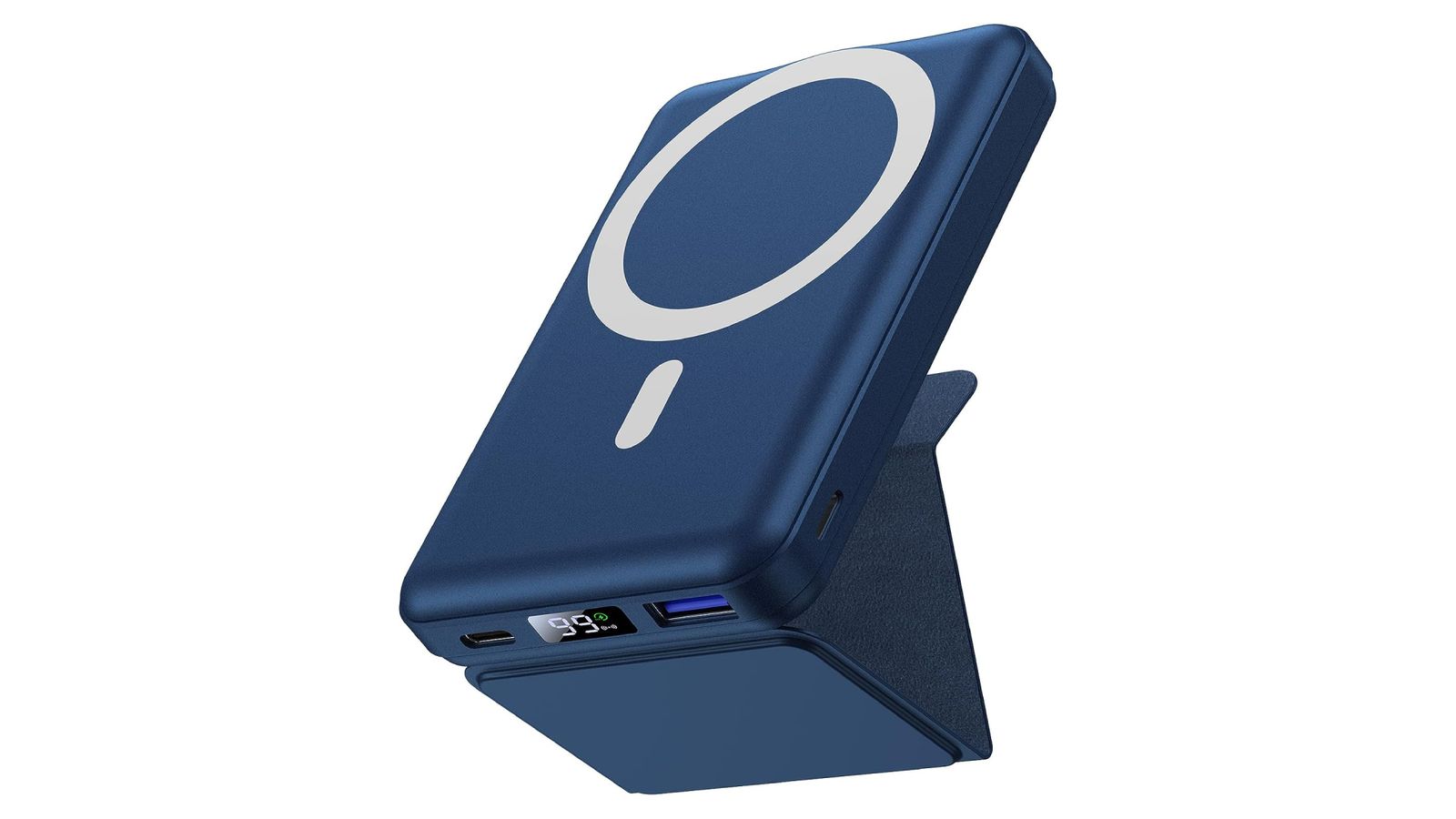 Yiisonger Magnetic Wireless Portable Charger product image of a navy and white magnetic, foldable charger.