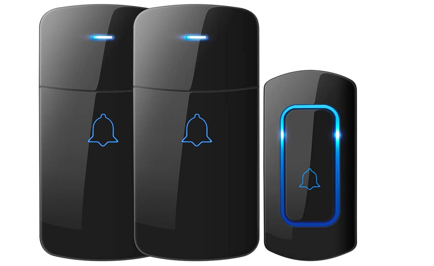 Novete Wireless Doorbell Kit product image of a set of three black doorbell devices featuring blue lights.