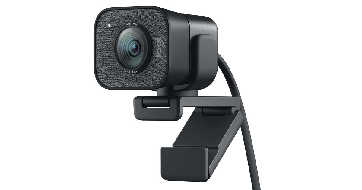 Logitech StreamCam product image of a black square-shaped wired webcam with a monitor mount beneath it.