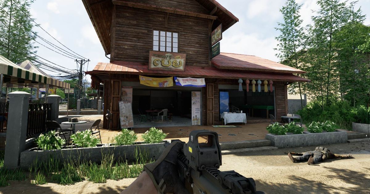 A first-person screenshot of the player looking at a wooden house with a weapon at the ready.