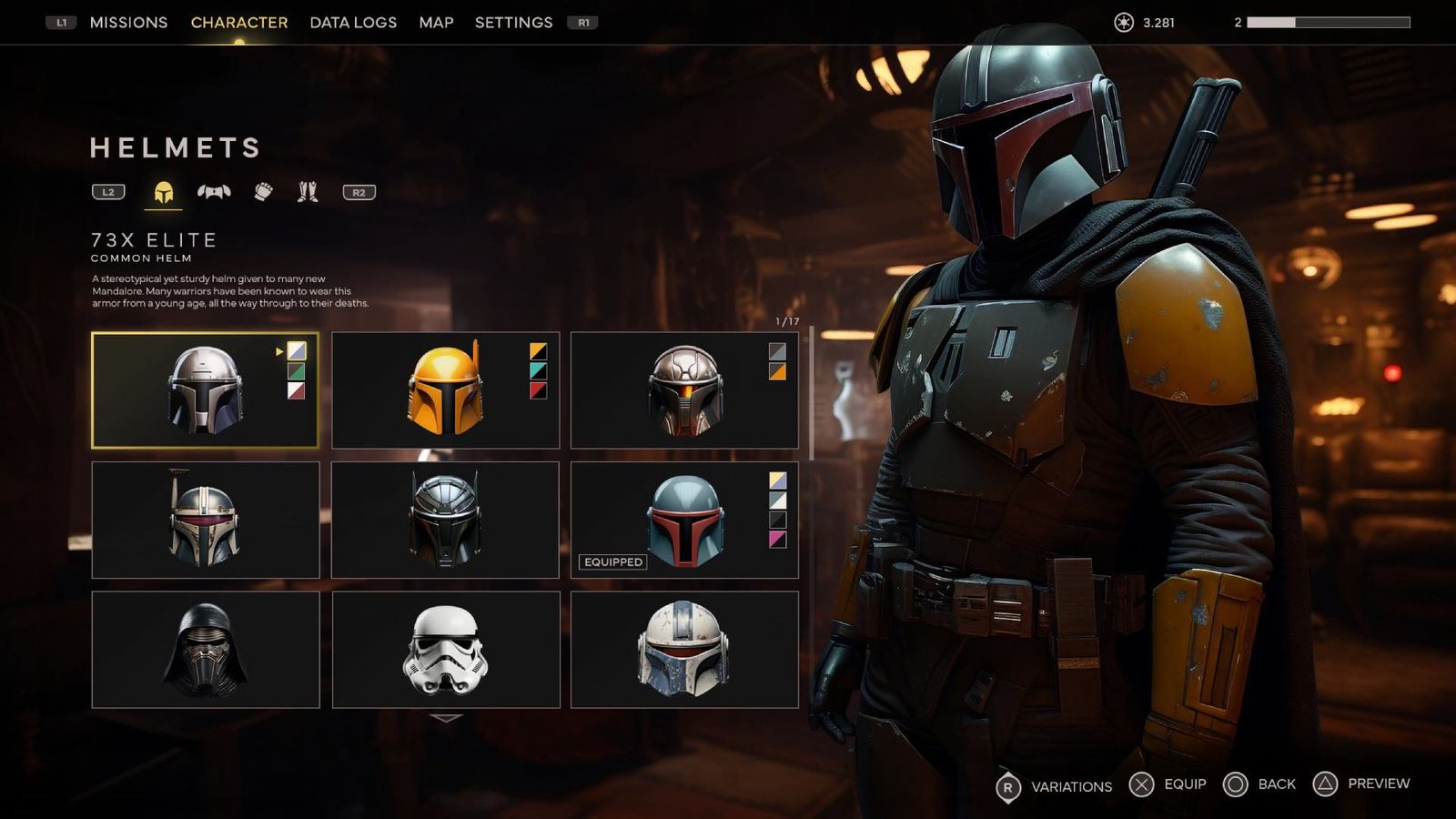 A mock-up Mandalorian video game customisation screen showing the protagonist equipping numerous helmets 