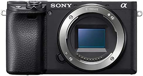 Sony Alpha A6400 product image of a black digital camera with a leather material around the grip on the right.