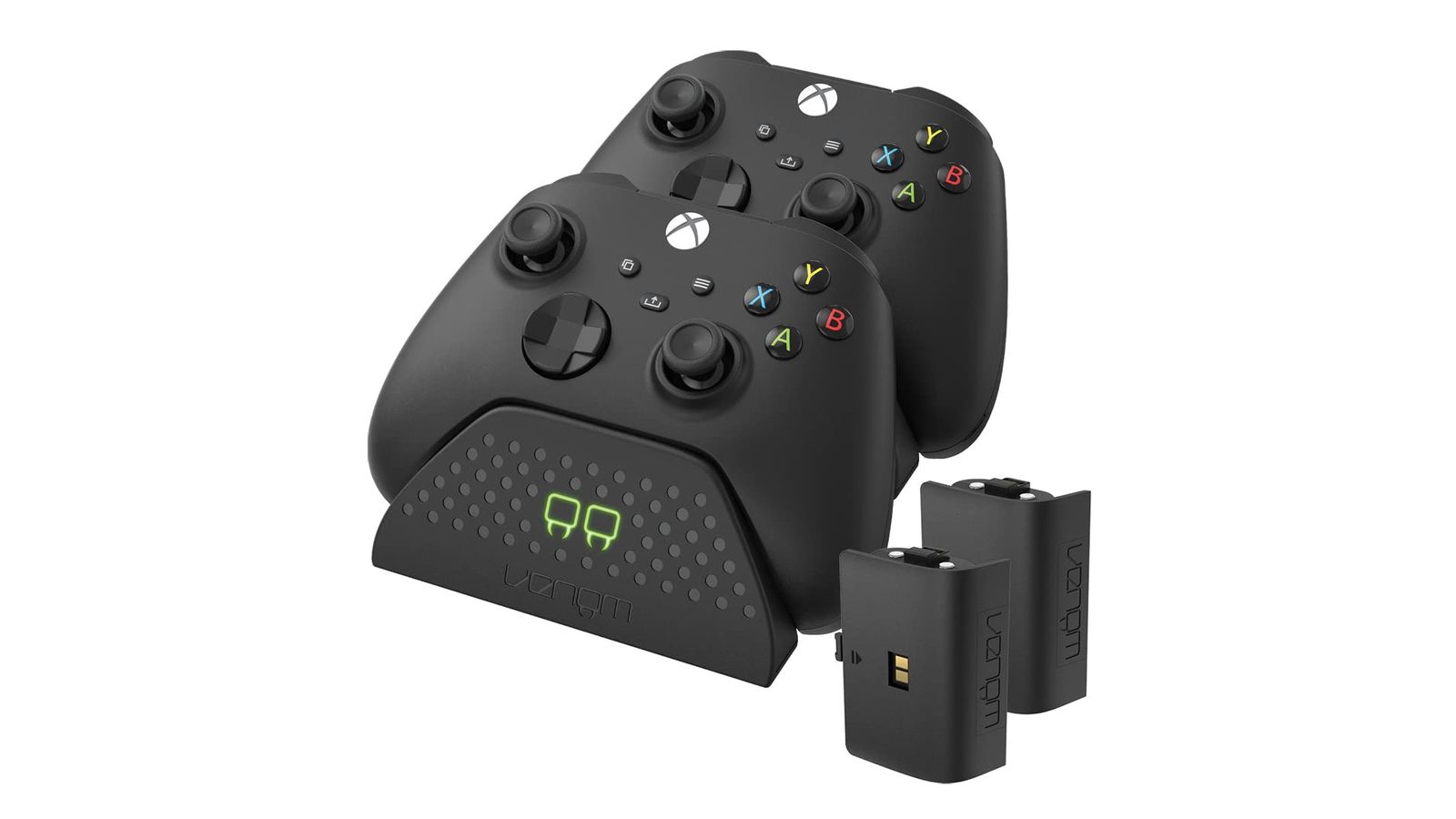 Venom Twin Charging Dock product image of two black Xbox controllers connected to a black charging stand with green lights on the front.