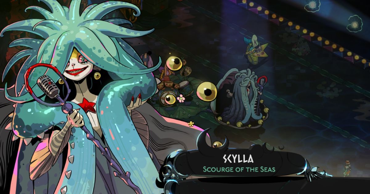 A screenshot of the Hades 2 Scylla, Scourge of the Seas character sprite and title, with the character posing with a microphone on the left.