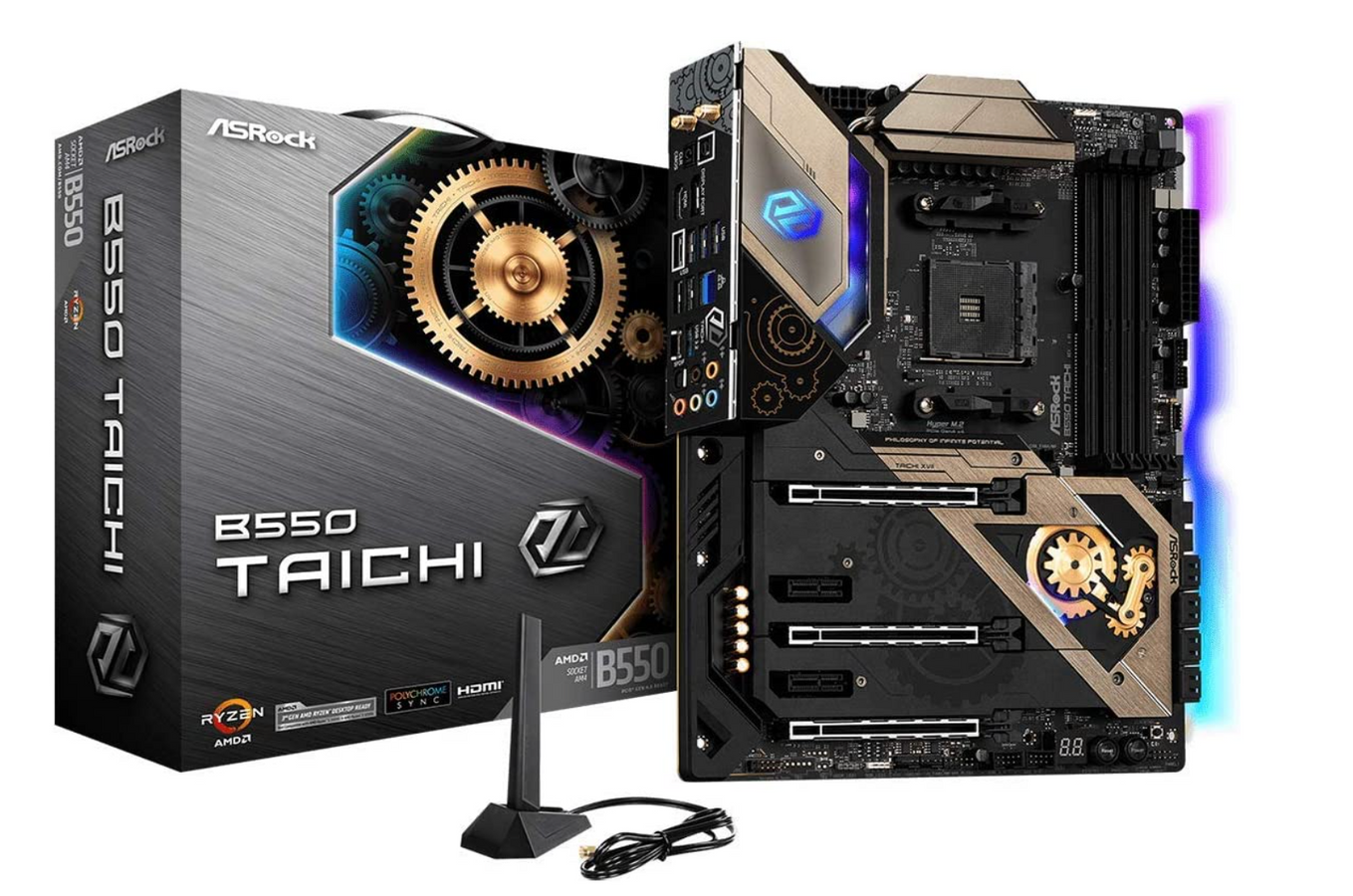 AsRock B550 Taichi product image of a black motherboard with gold components and blue and purple lighting.