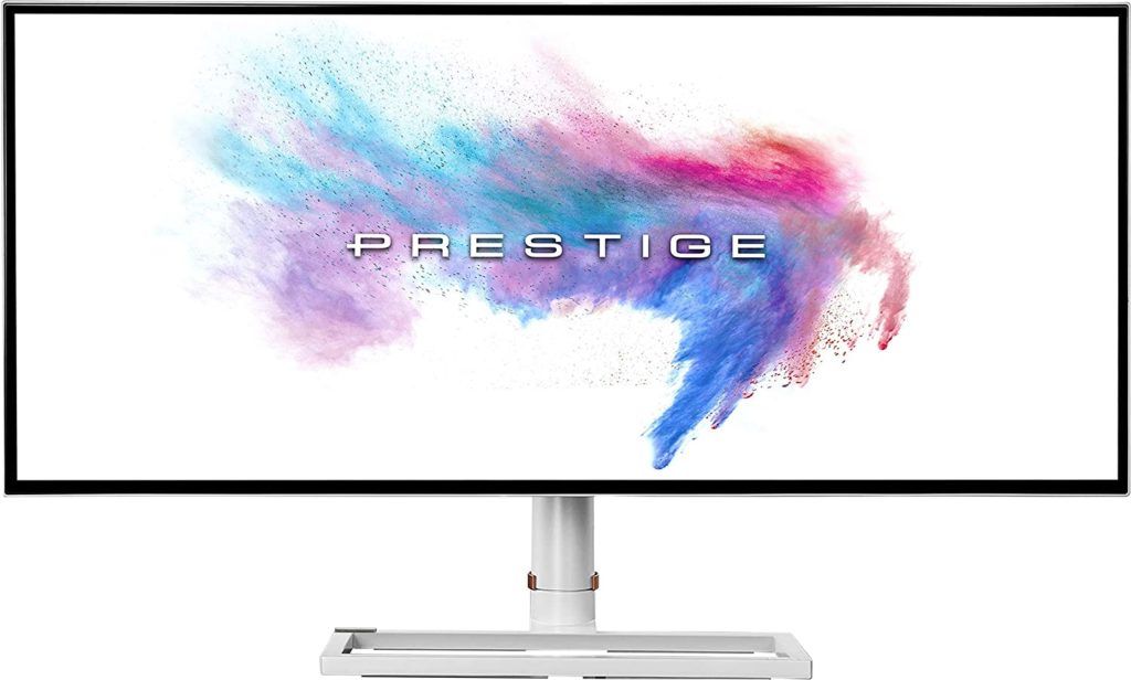 MSI Prestige PS341WU product image of an ultrawide white and black monitor with Prestige branding infront of pink and blue smoke on the display.