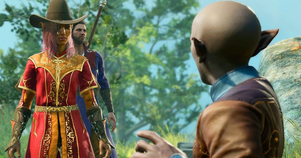 Baldur's Gate 3 review - custom Drow character Rahna talking to a little Gnome man 