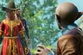 Baldur's Gate 3 review - custom Drow character Rahna talking to a little Gnome man 