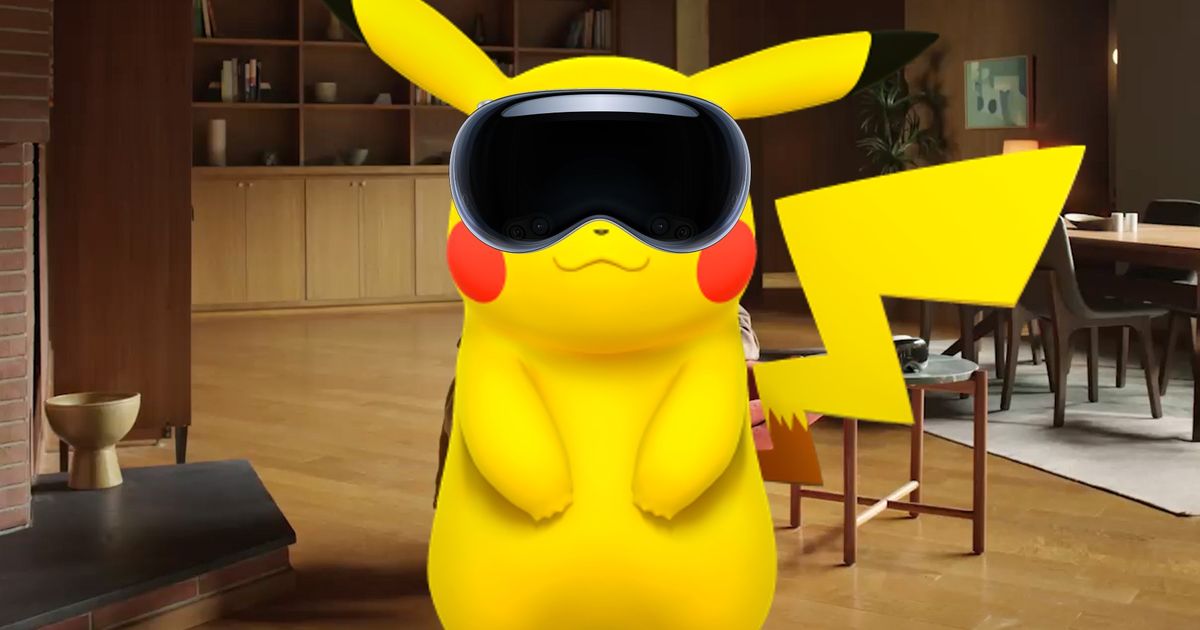 Pikachu standing in the real world while wearing an Apple Vision Pro headset