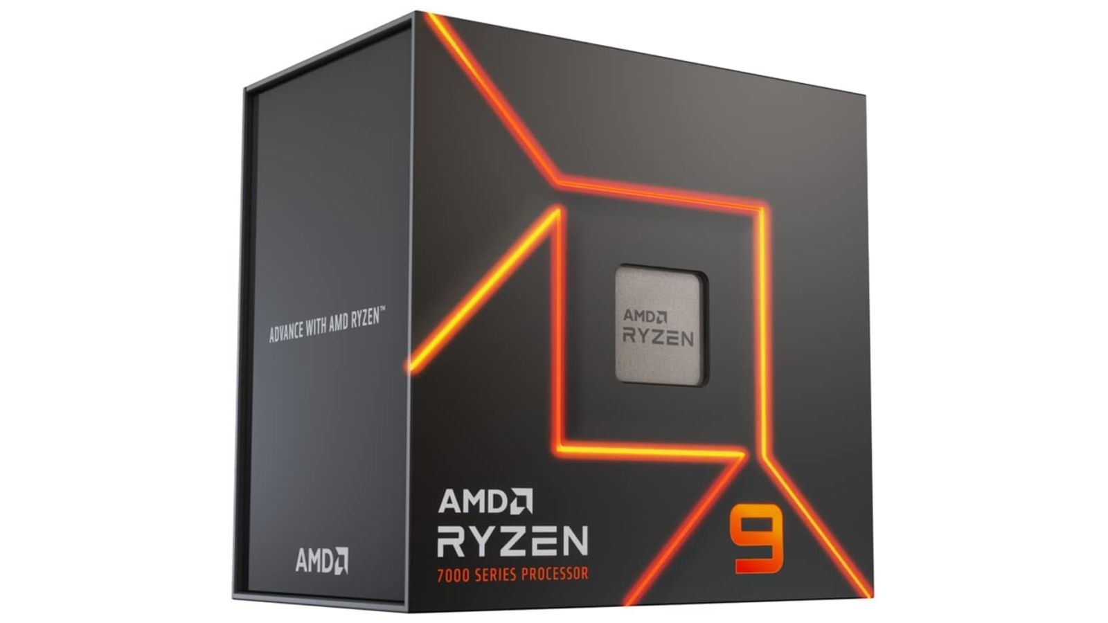AMD Ryzen 9 7900X product image of a grey box featuring AMD Ryzen branding and orange details.