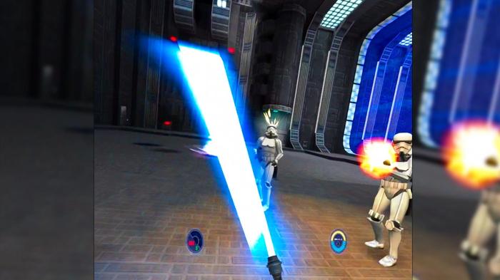 Yes, you can deflect blaster bolts in VR. Look at that little soldier getting bonked before his arms come off!