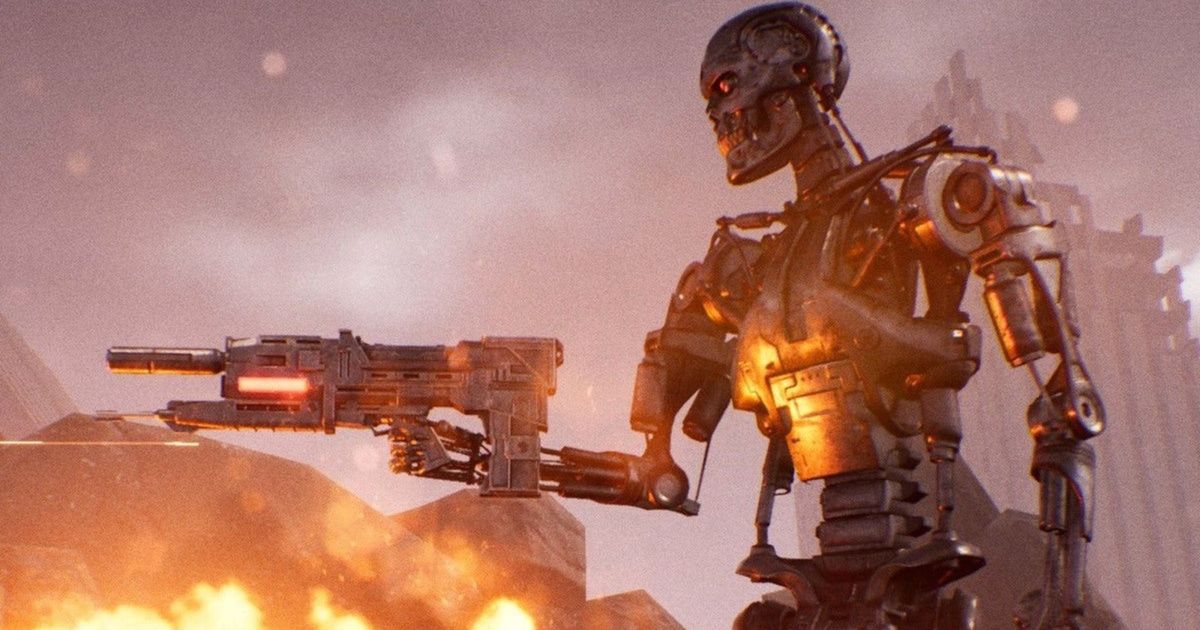 A Terminator pointing a machine gun at an unseen enemy