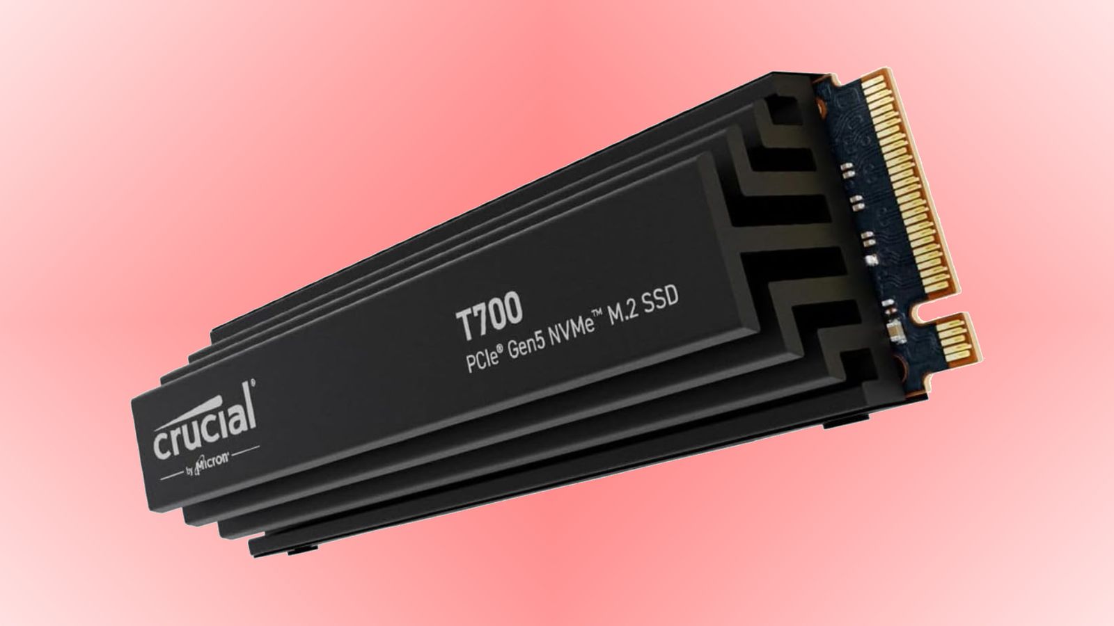 Crucial T700 product image of a black SSD with white branding and gold connections.