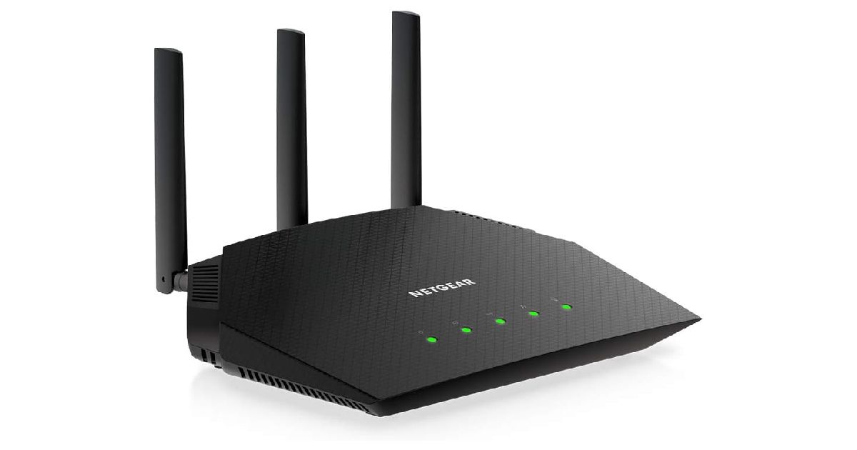  NETGEAR R6700AX product image of a black WiFi router with five green lights on the front and three antennae coming out the back.
