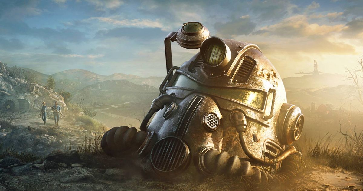 A power helmet on a dusty floor in Fallout 76.