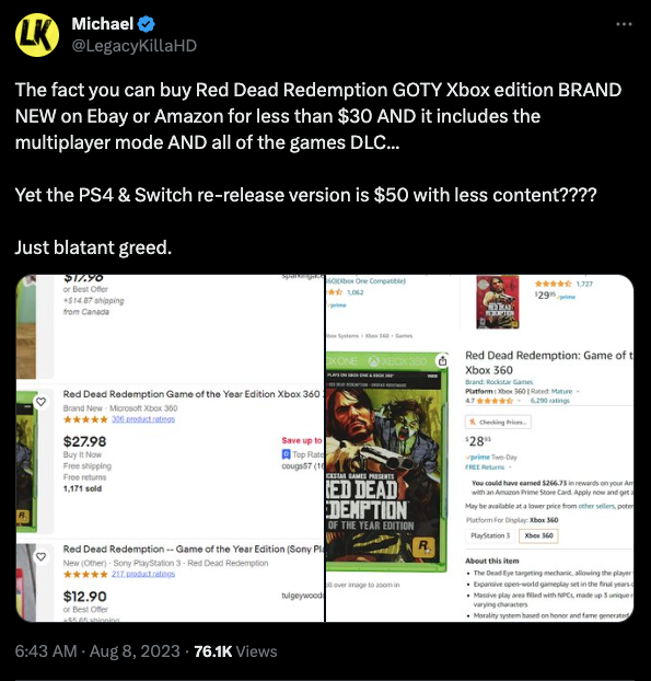 Fan points out that Red Dead Redemption GOTY on Xbox 360 is cheaper and better than the upcoming re-release.