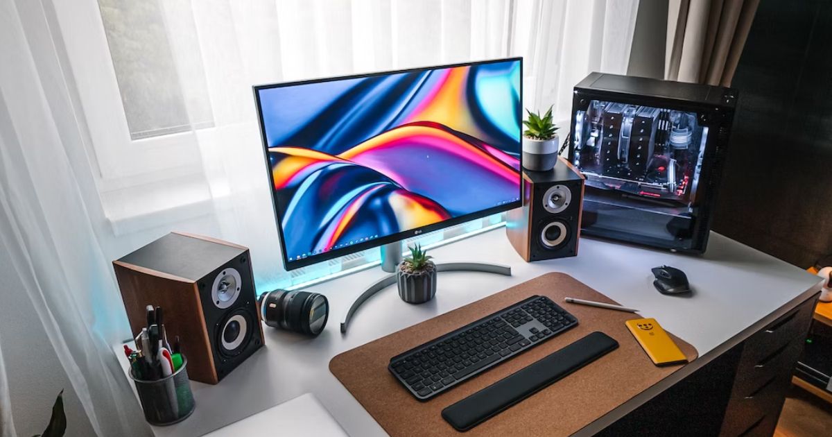 A silver monitor with a black frame sat on a desk next to a set of speakers, a desktop PC, keyboard, mouse, and other peripherals.