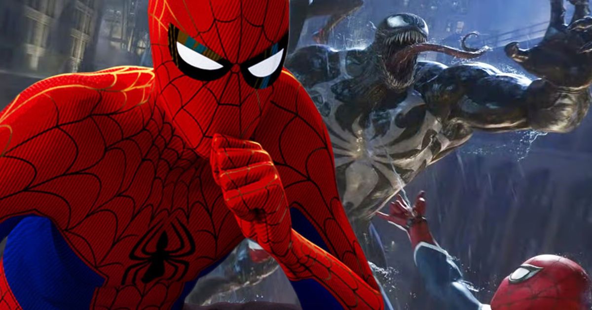 Spider-Man looking at PS5 game Spider-Man 2 venom wondering who is in the symbiote suit 