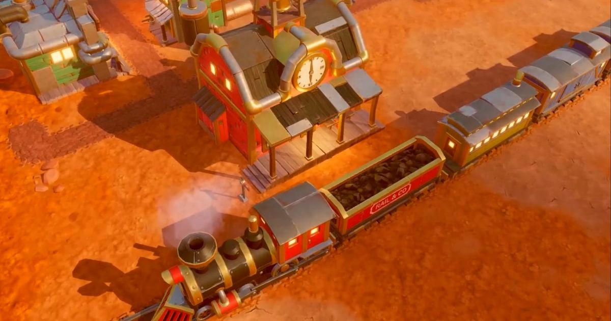 A train arriving at a train station in SteamWorld Build