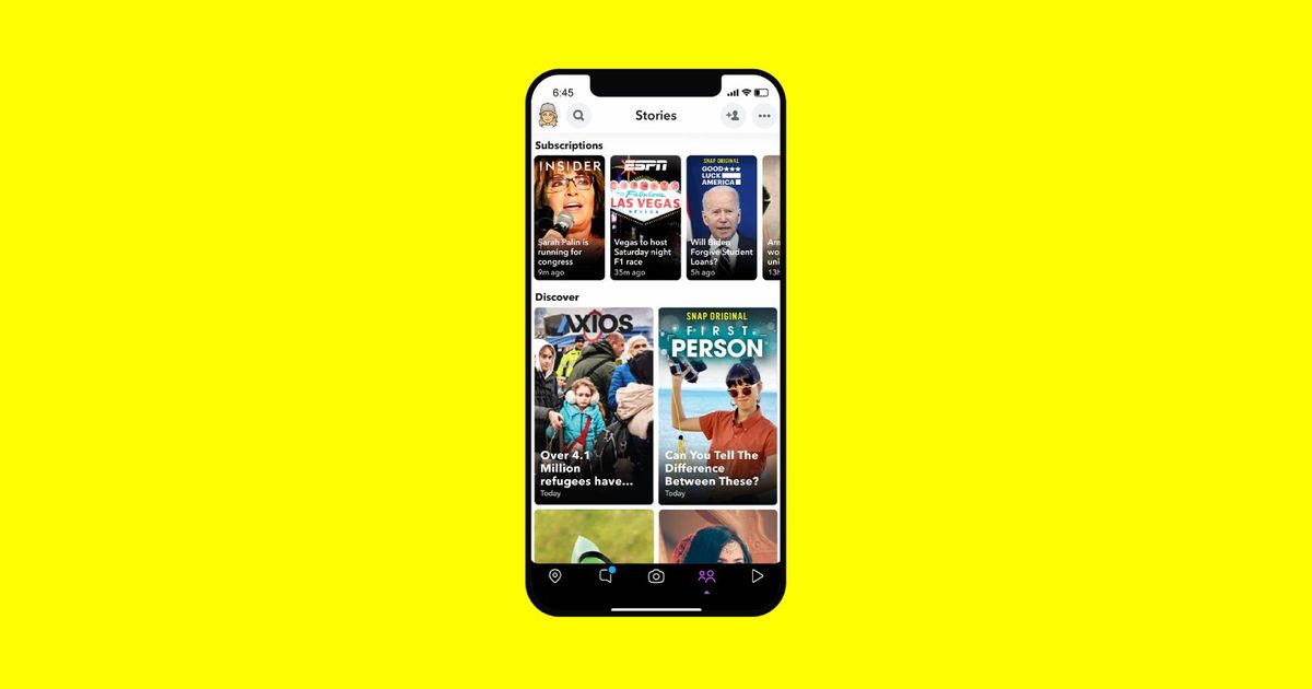 An image of the Snapchat explore feed on a smartphone