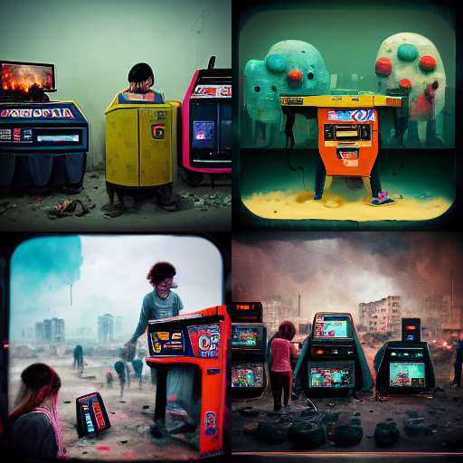 dystopian end of the world where humans find joy playing with oldschool arcade machines - dall.e vs midjourney