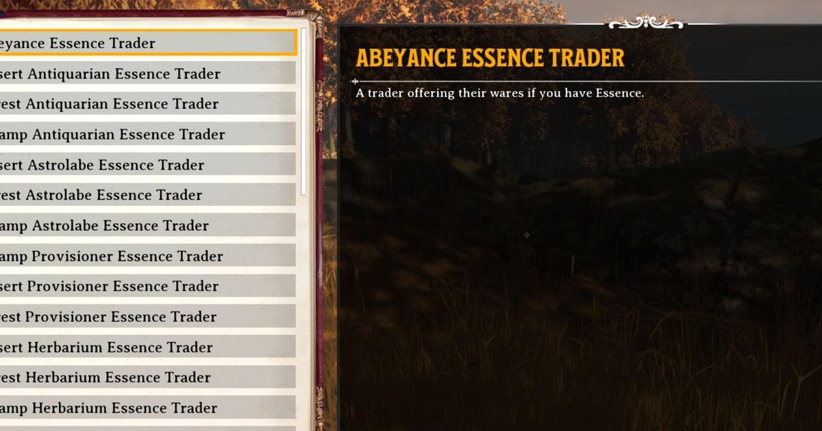 Image of Nightingale Essence Trader list with trees in background