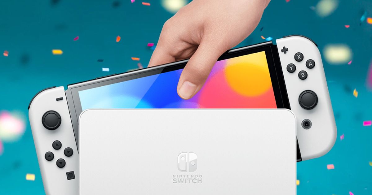 A Nintendo Switch OLED being put into the Dock with a congratulations background 