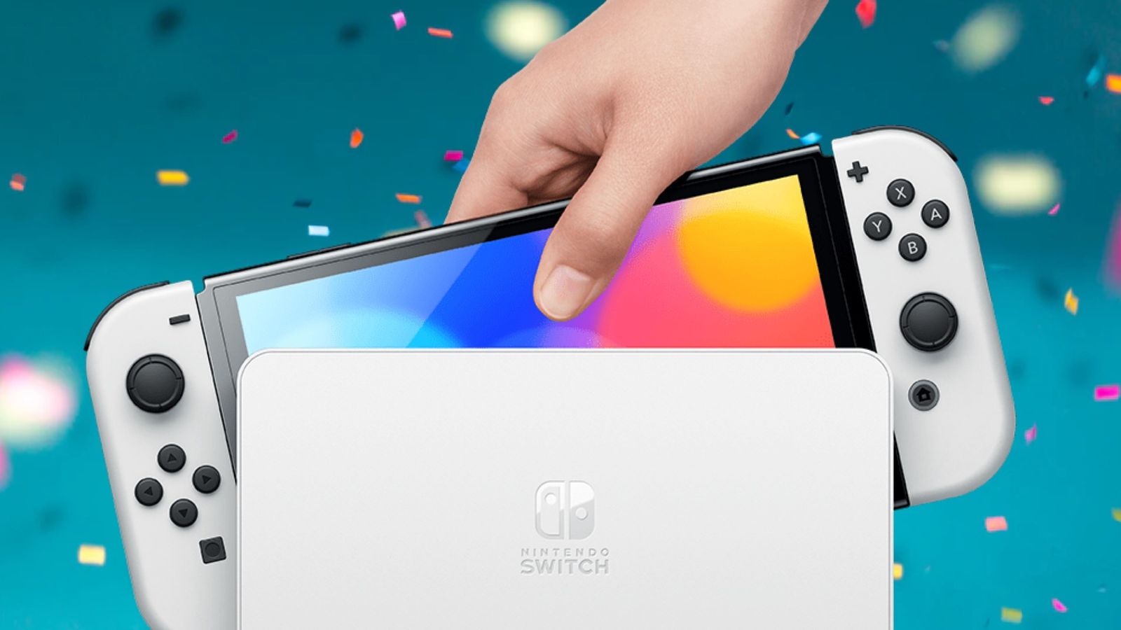 A Nintendo Switch OLED being put into the Dock with a congratulations background 