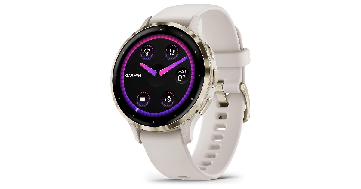 Garmin Venu 3S product image of a metallic gold smartwatch with an ivory-coloured strap.