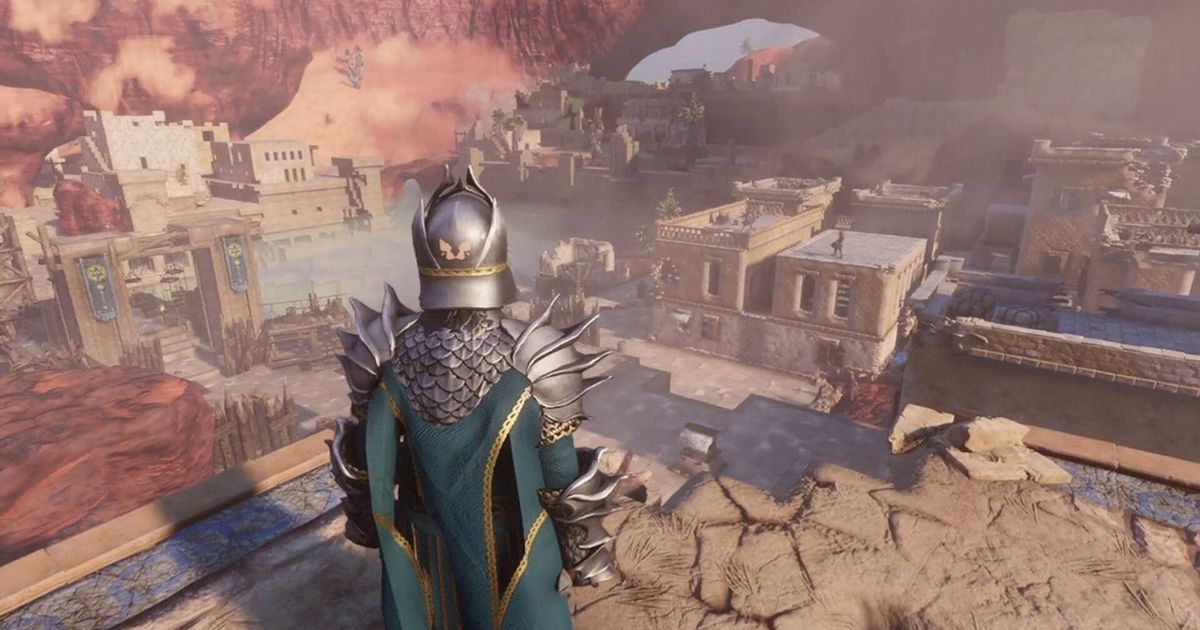 Enshrouded player wearing suit of armour with buildings in background