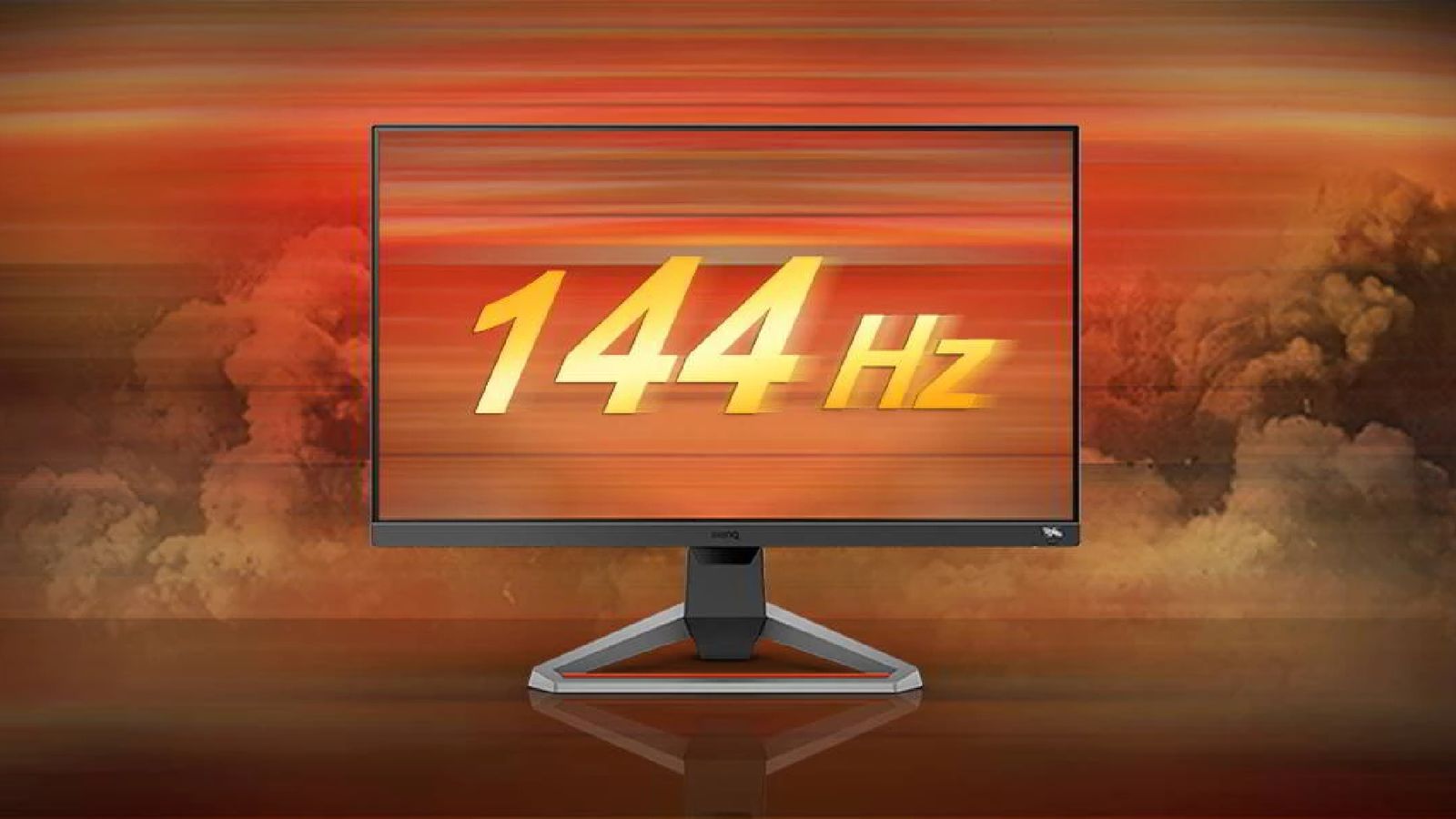 A dark grey and light grey monitor in front of a smokey orange background featuring 144Hz on the display.
