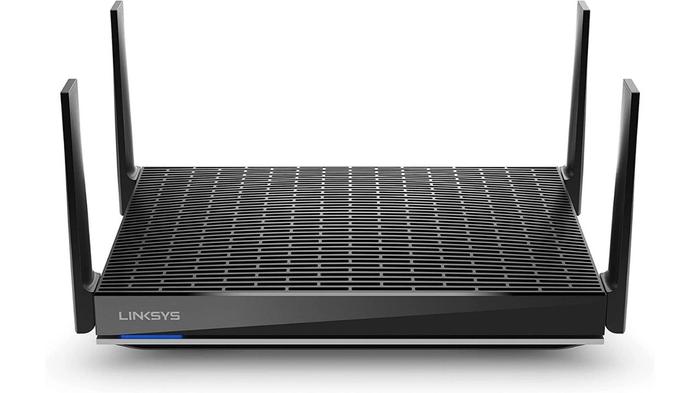 Best budget Wi-Fi router - Linksys MR9610 product image of a black device with four antennae, one on each corner.