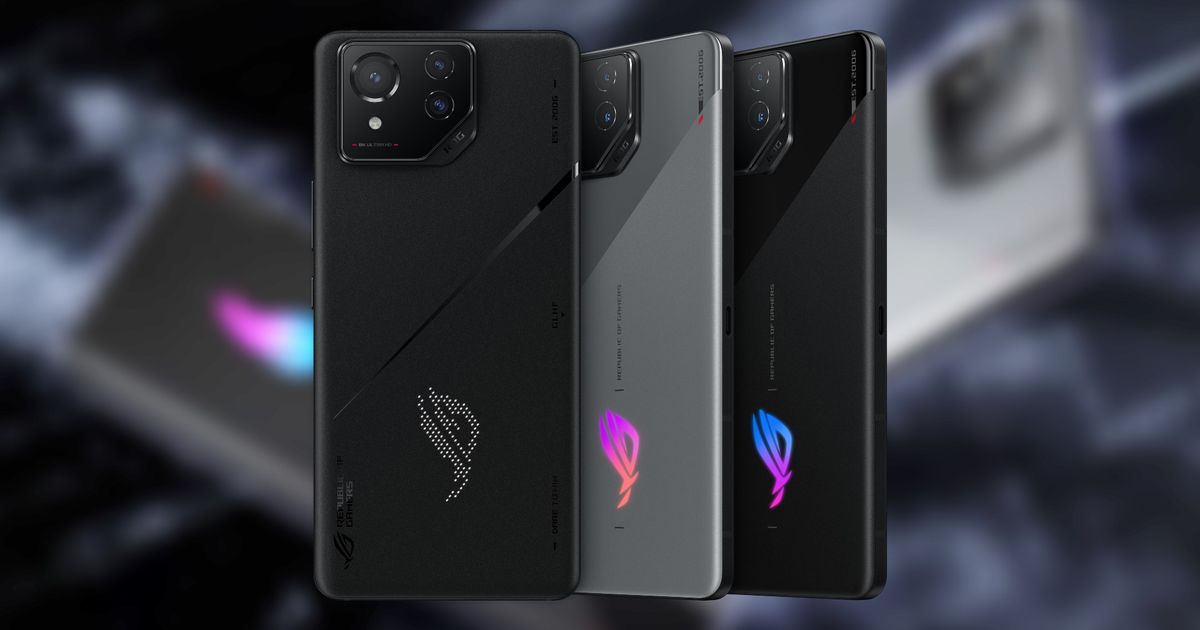 ASUS ROG Phone 8 line up in front of a press image