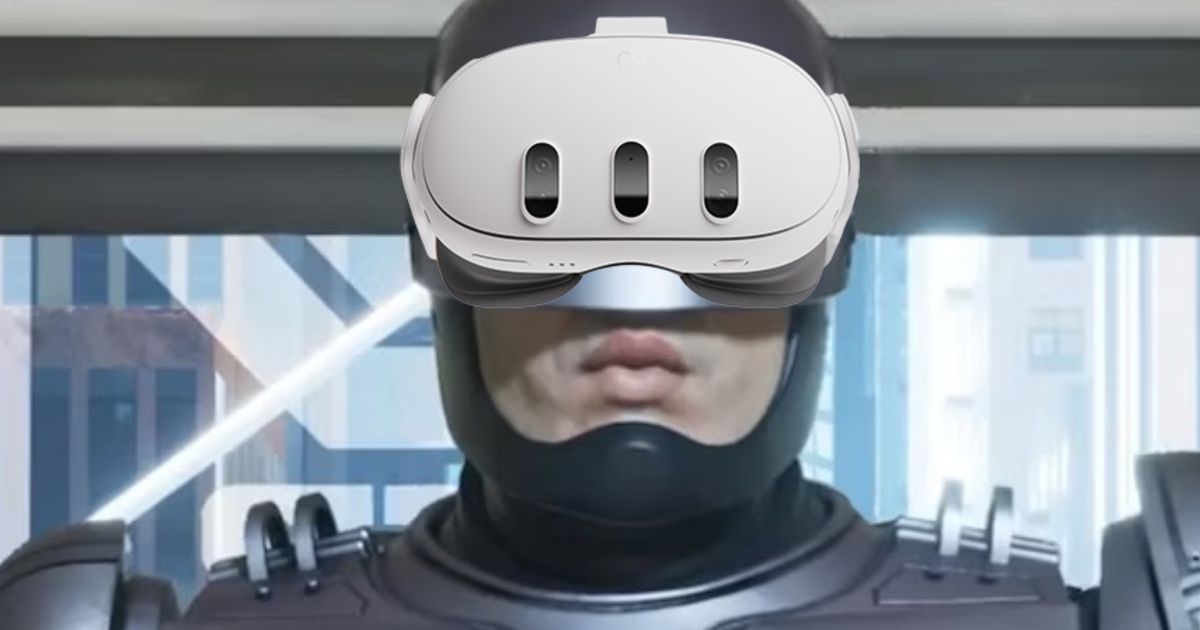 A profile shot of RoboCop wearing a meta quest 3 vr headset