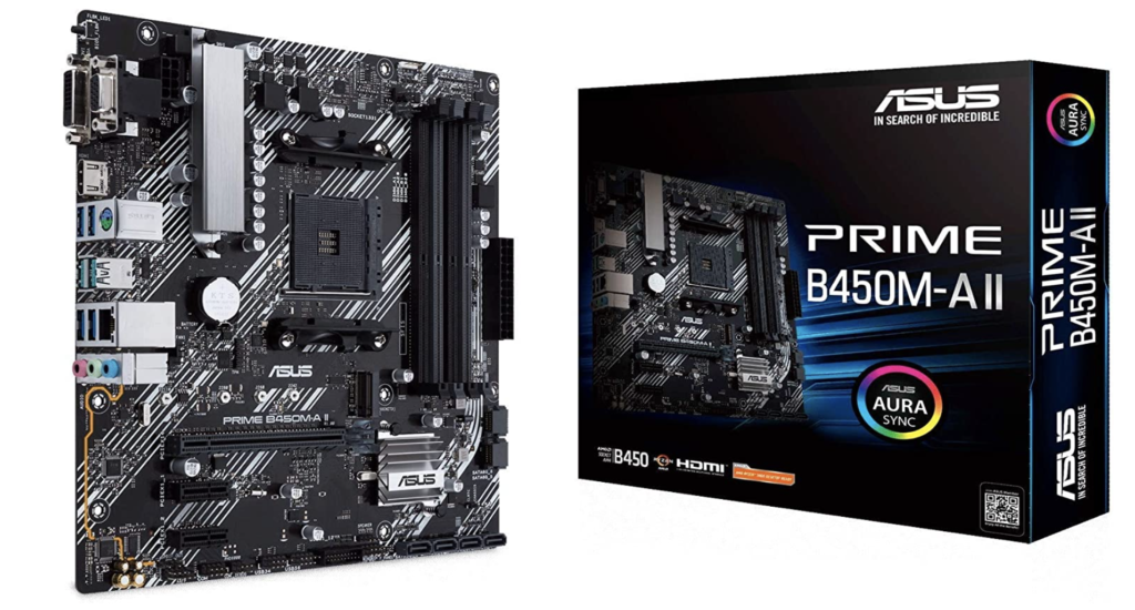 ASUS Prime B450M-A II product image of a black and grey motherboard next to its box.