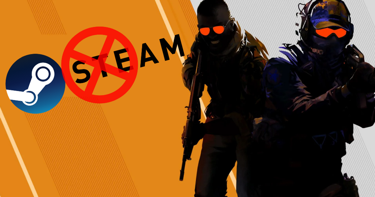 Counter-Strike 2 art with a steam logo which is covered by a red circled X.