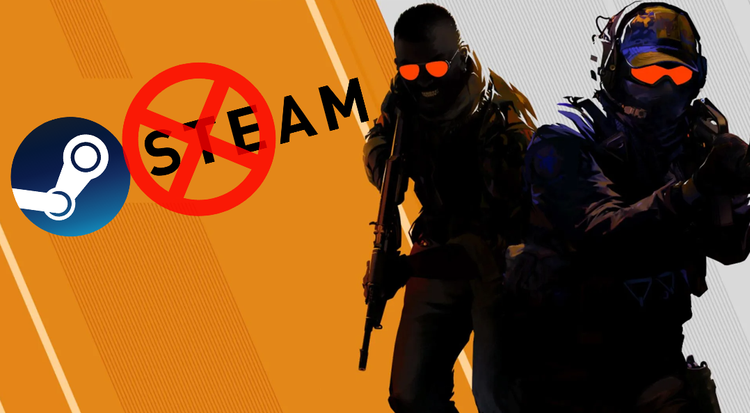 Counter-Strike 2 art with a steam logo which is covered by a red circled X.